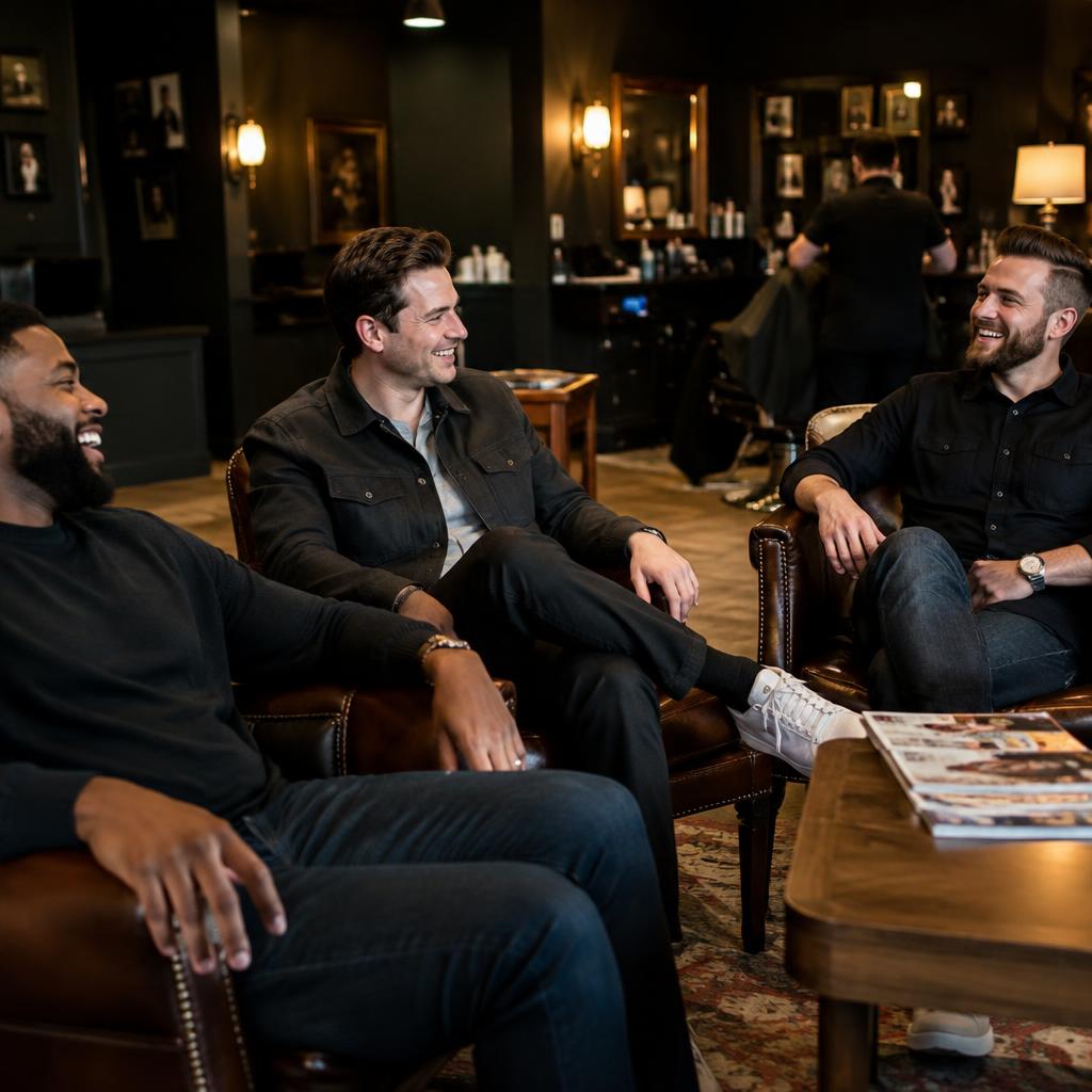 Friends talking in the barbershop lounge