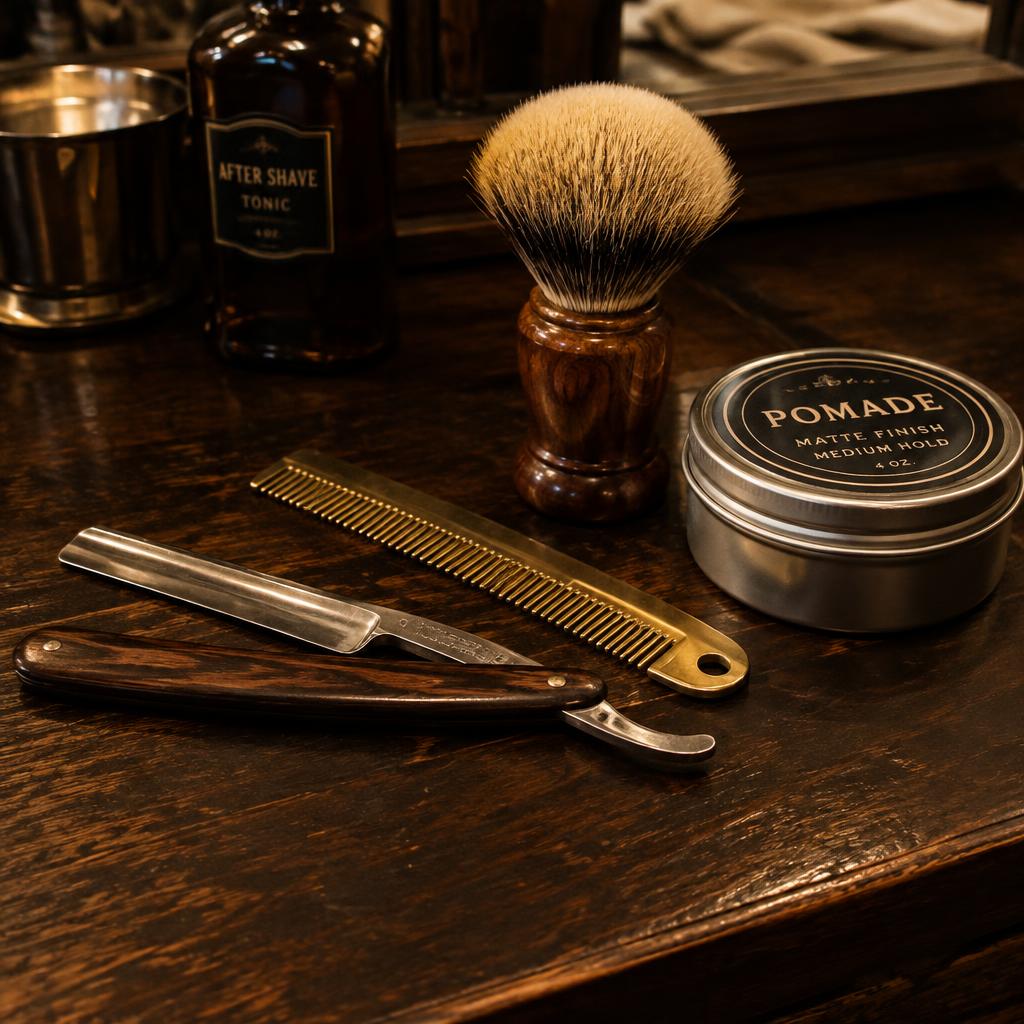 Razor, comb and shaving brush